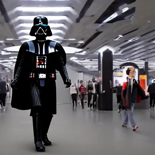 Image similar to Darth Vader going to the mall, cinematic