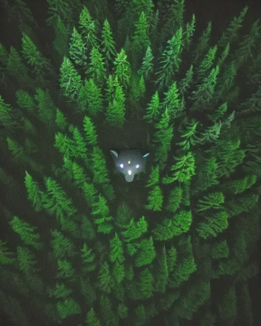 Prompt: werewolf in forest at night, shot from drone, grainy, polaroid, zoomed in