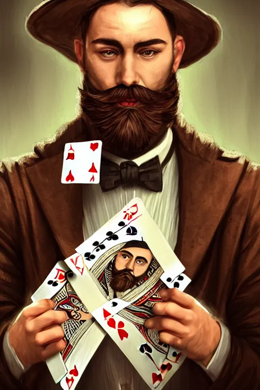 Image similar to bearded round face with no moustache, magician holding playing cards, realistic, modern, magicians eyes are covered with cloth, intricate, elegant, highly detailed, digital painting, artstation, concept art, addiction, chains, smooth, sharp focus, illustration, art by ilja repin