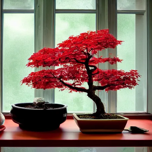 Prompt: photo of a red maple bonsai in a kitchen, next to a window, beautiful, high detail, cinematic,