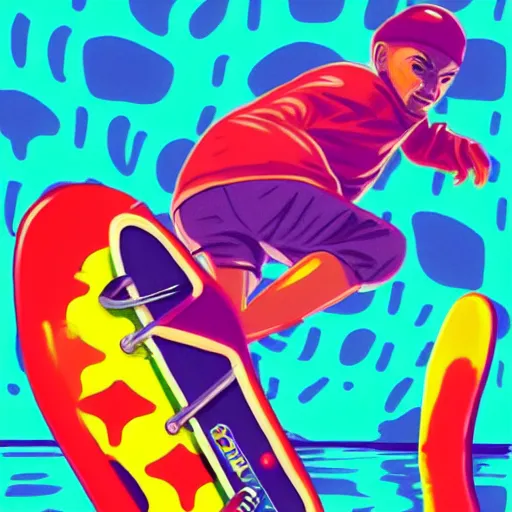 Image similar to skate in ocean. pop art, no duplicate image, glowing lights, ultra details, digital painting, artstation, concept art, smooth, sharp focus, illustration, intecrate details, art by richard hamilton and mimmo rottela, pixels art by kirokaze and paul robertson - h 7 6 8