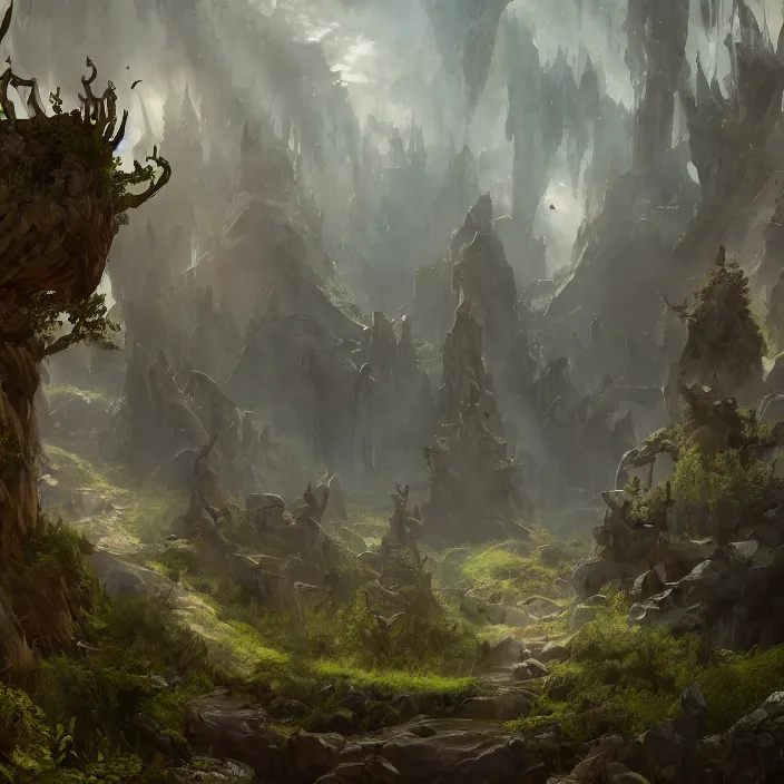 Prompt: a fantasy realm split down the middle with a forest on one side and a desert on the other, fantasy concept art, rendered in unreal engine, highly detailed, cinematic lighting, intricate, fantastical, video game cinematic, trending on artstation