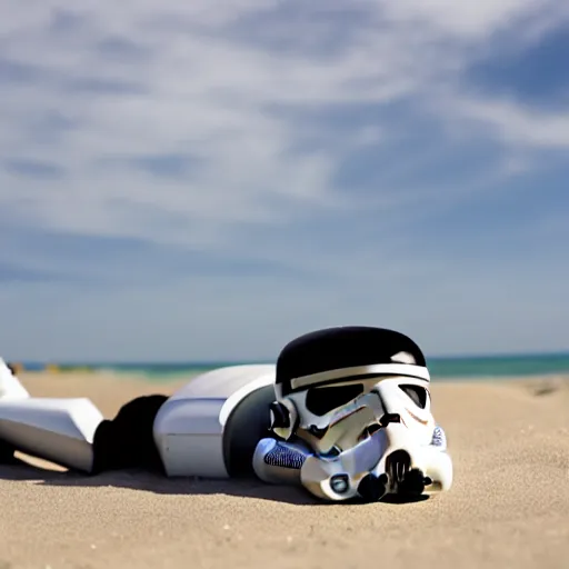 Prompt: a stormtrooper laying on the beach getting a tan.