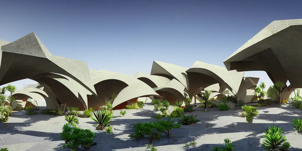 Prompt: faceted roof planes lift and descend creating shade and architectural expression, highly detailed, cyberpunk, situated in desert oasis, vivid colors, lush vegetation