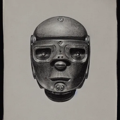 Prompt: head of a robot ( c. 1 8 8 0 - c. 1 8 9 2 ) drawing in high resolution by otto eerelman, with a back ground that starts off grey and gets darker the further down it goes