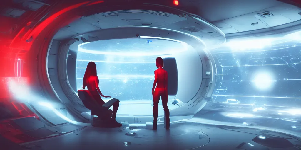 Image similar to a space-craft control room with windows looking out into the cosmos, a computer-generated female avatar on the heads up display, red warning lights, sci fi, ultra realistic, cinematic, cinematic lighting, artstation, HD,