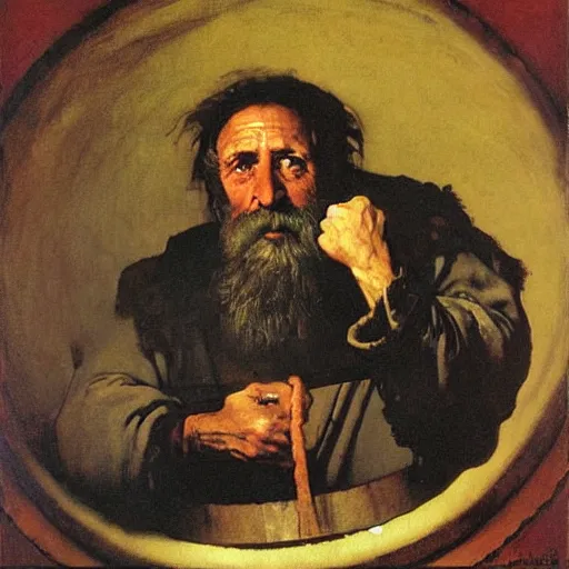 Prompt: Portrait Portrait of Diogenes the Cynic donning hobo costume whilst resting in an enormous wine cask winslow homer theodore gericault norman rockwell donato giancola john william waterhouse maxfield parrish mikhail vrubel arkhip kuindzhi astri lohne stained lacquer glaze