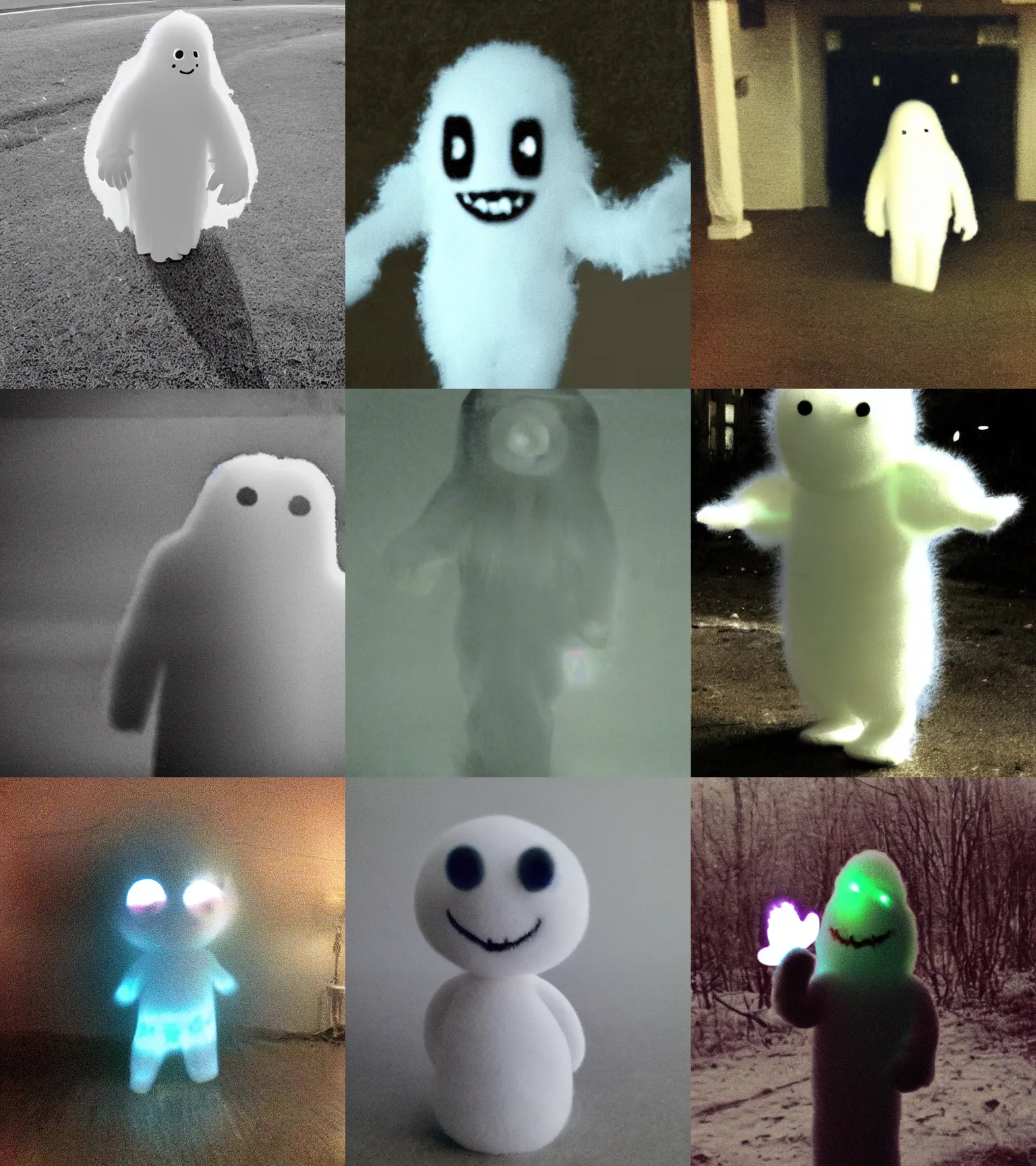 Prompt: idiotic little creature. smile translucent fluffy spirit guy ghostly thing. eerie bad weird spiritual aura grainy photograph