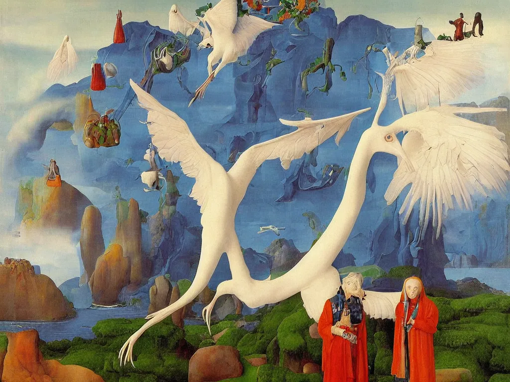 Prompt: Portrait of albino mystic with blue eyes, with exotic beautiful orchid crane. Landscape with tsunami, giant wave, boulder. Painting by Jan van Eyck, Audubon, Rene Magritte, Agnes Pelton, Max Ernst, Walton Ford