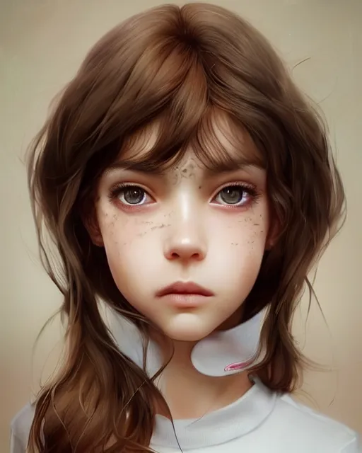 Image similar to 1 5 - year old girl with lush frizzy untamable brown hair, large front teeth, and bright piercing brown eyes, hyper realistic face, beautiful eyes, character art, art by artgerm lau and wlop and and ilya kuvshinov and john singer sargent, hyperdetailed, symmetrical, cryengine, trending on artstation, digital art