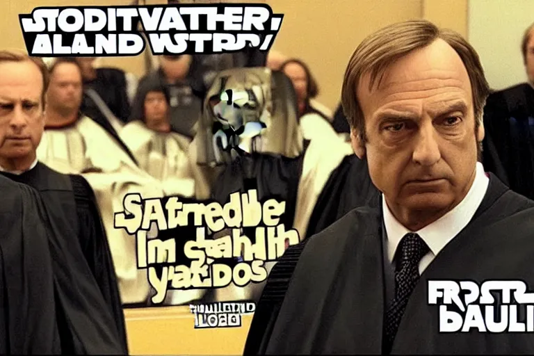 Prompt: darth vader in court being defended by saul goodman, better call saul, court images, 1 0 8 0 p, court archive images