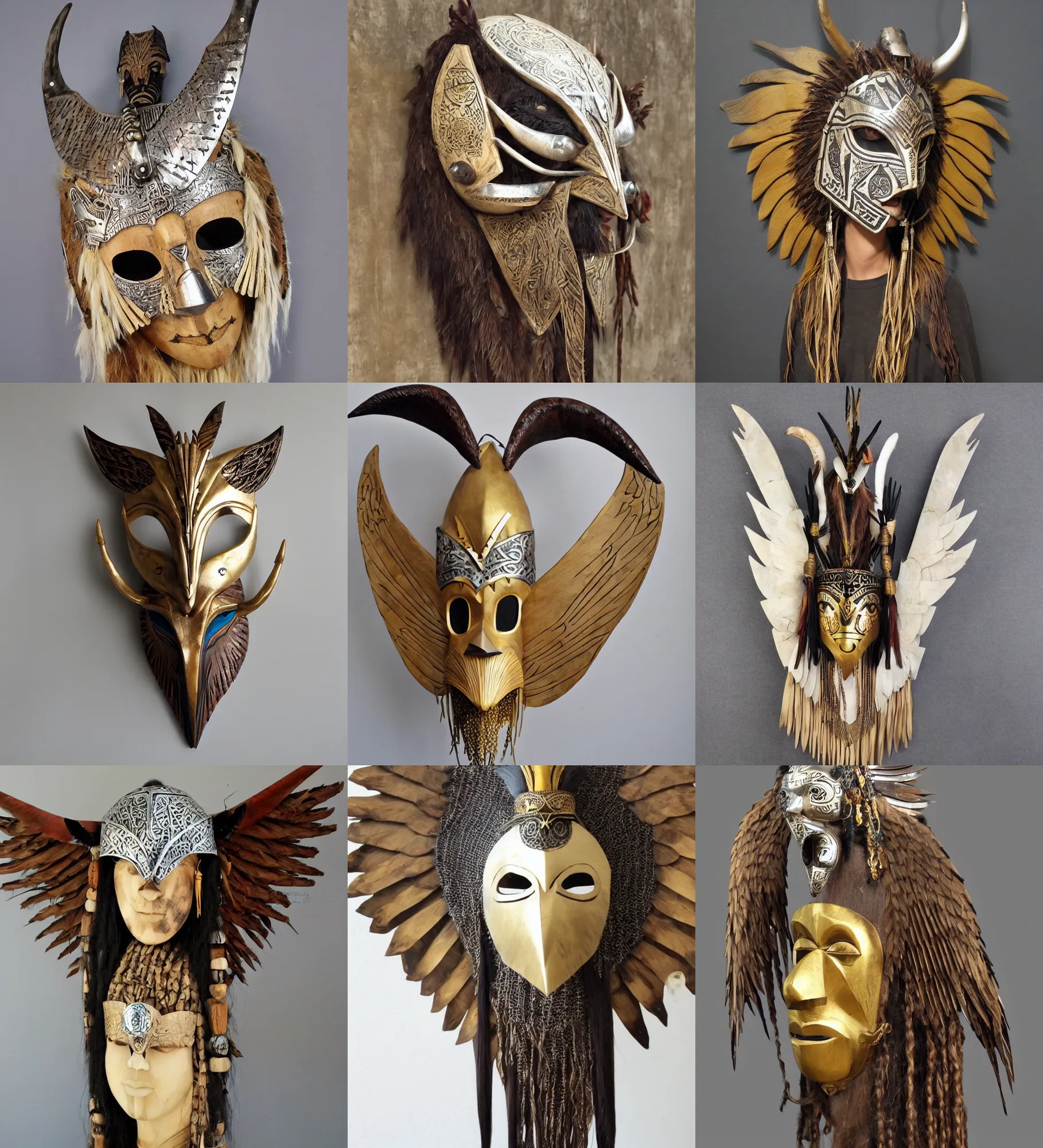 Prompt: viking shaman, african mask, asian female, boho style, wood clay marble ivory crow swan eagle wings head eyes bamboo, golden and silver jewerly, low poly, brutal modern sculpure