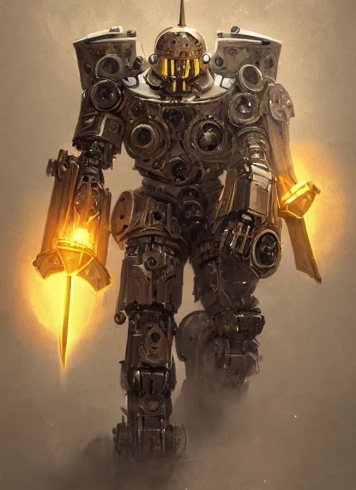 Image similar to full body, attack position abstract portrait of a intricate glorious holy mechanical warforged with circular glowing eye, character in yellow armor holding a paladin engraved great longsword drawn and carrying a big paladin shield, vertically flat head, face in focus, pit droid, epic , trending on ArtStation, masterpiece, cinematic lighting, by Ross Tran and by Greg Rutkowski