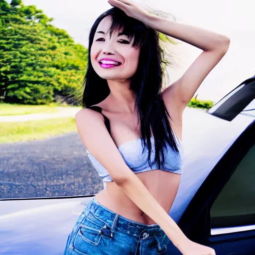 Prompt: very very very beautiful asian woman standing in front of car, bare midriff, one foot raised off the ground, full body portrait, eye contact, smiling, realistic face, perfect body, drawn by WLOP