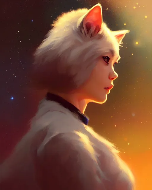 Image similar to a potrait of a space fanstasy cat, fine details. night setting. realistic shaded lighting poster by ilya kuvshinov katsuhiro, artgerm, jeremy lipkin and michael garmash, unreal engine, radiant light, detailed and intricate environment, digital art, trending on art station