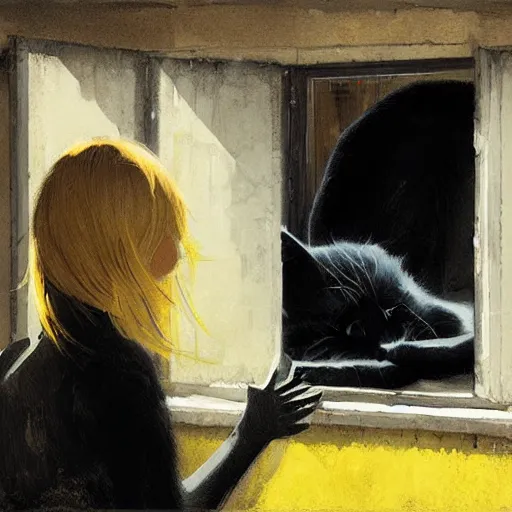 Image similar to a giant black cat with yellow eyes looking at a sleeping blonde girl througha window, Greg Rutkowski, detailed