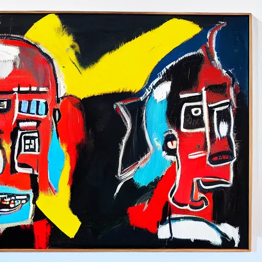 Image similar to bull and bear fighting, oil on canvas, basquiat style