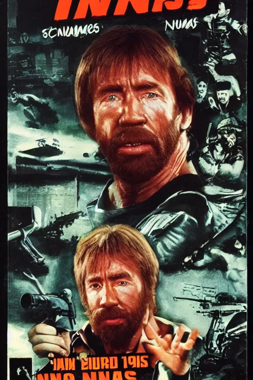 Image similar to chuck norris 1 9 8 0 s vhs tape cover ninja commando, atmospheric, realism, action, grimy, kung fu arena, highly detailed, high octane render, hd, 3 ninjas on jetskis, in the style of enzo sciotti