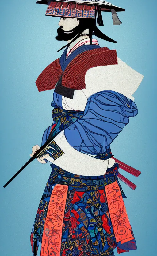 Image similar to highly detailed beautiful photography of a samurai, sharp focus, dynamic lighting, elegant, harmony, beauty, masterpiece, by roberto ferry, illustration, blue background