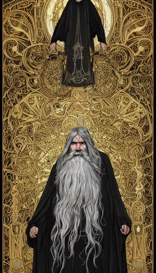 Image similar to one old man wore a black cloak, a black cloak and a white beard, highly detailed, very intricate, art nouveau, gold filigree, left right symmetry, tarot concept art watercolor illustration by mandy jurgens and alphonse mucha and alena aenami, featured on artstation