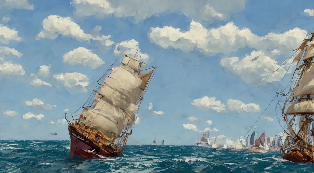 Image similar to havanese dog sailing on top of a barquentine from 1 9 0 0, looking out to the see, leaving the port at havana, 1 9 0 0, tartakovsky, atey ghailan, goro fujita, studio ghibli, rim light, mid morning lighting, clear focus, very coherent