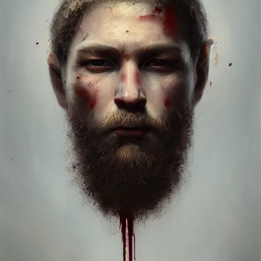 Prompt: breathtaking soft painting of viking in a bloody sky, realistic symmetrical face features, rembrandt style, elegant, highly detailed, artstation, concept art, matte, sharp focus, art by tom bagshaw, and greg rutkowski