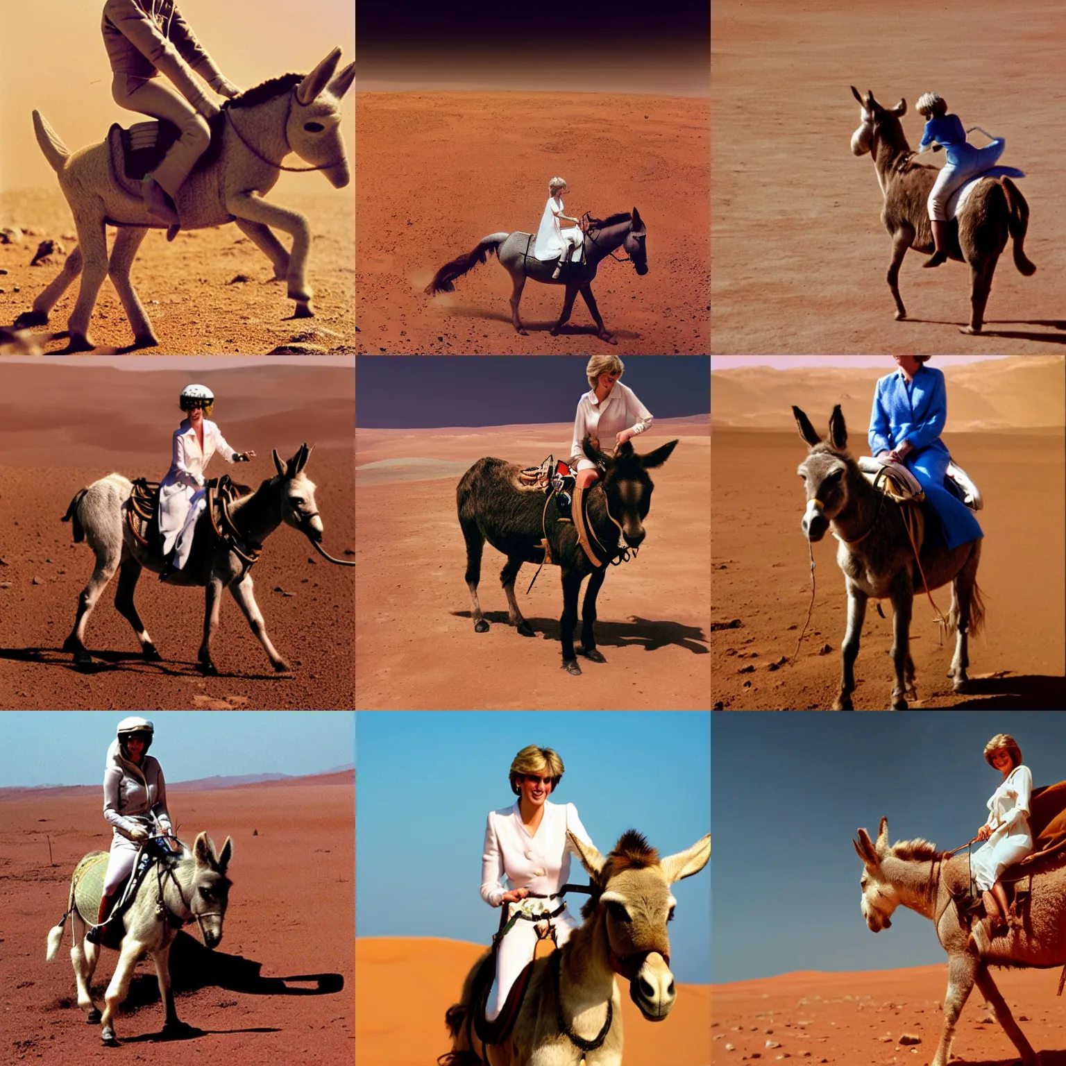 Prompt: photo of princess diana riding a donkey on mars, high resolution, 3 5 mm lens