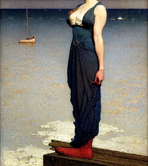 Prompt: a fancy beautiful young lady standing on a wharf at the edge of the sea by brom and gil elvgren and jean delville and william blake and norman rockwell and michael whelan, crisp details, hyperrealism, high detail, high contrast, low light, grey mist, cobblestones, dim lantern