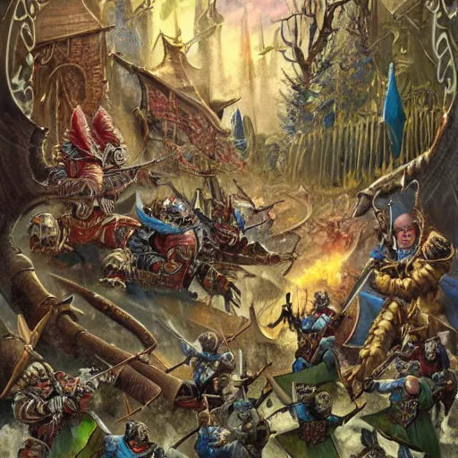 Image similar to Warhammer, looking like Russian fairy tale. High quality, high detailed illustration for book. Awarded image