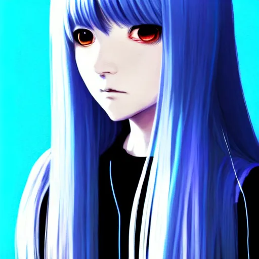 Image similar to full face shot of rimuru tempest, sky blue straight hair, long bangs, with amber eyes, wearing a black jacket, high collar, ultra detailed, concept art, award winning photography, digital painting, cinematic, wlop artstation, closeup, pixiv, evil, yoshitaka amano, andy warhol, ilya kuvshinov,