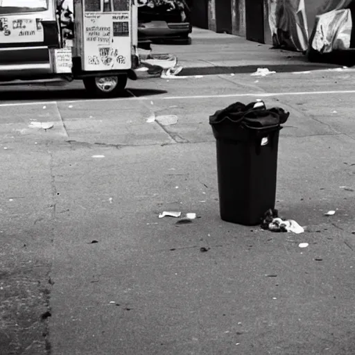 Prompt: wide-angle photo of homeless Elmo with a trash can fire, on Skid Row, photo by Annie Leibovitz