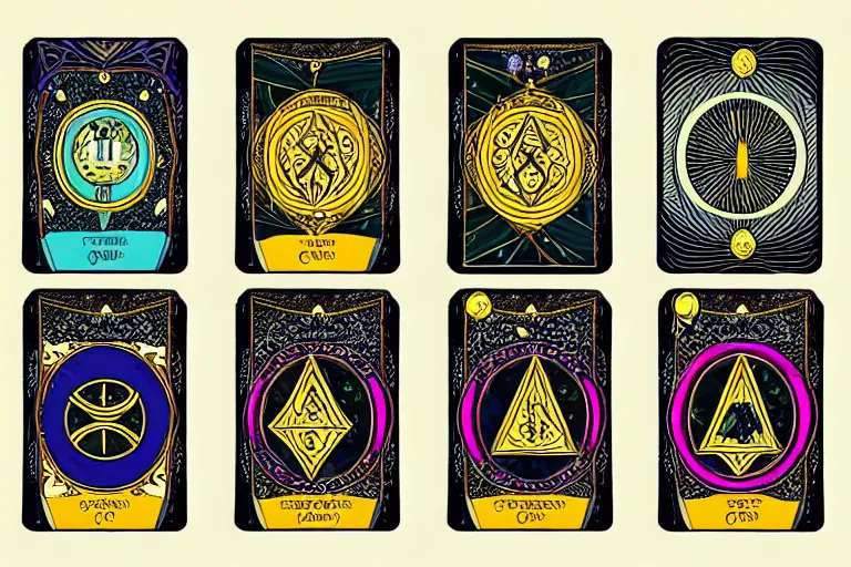 Image similar to tarot card designs featuring magic gemstones, ornate pattern borders