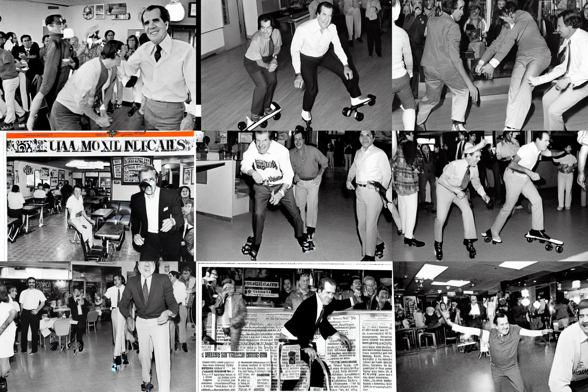 Prompt: Photo of President Nixon rollerblading in a Mexican restaurant, award-winning front-page newspaper, grainy, 1970s