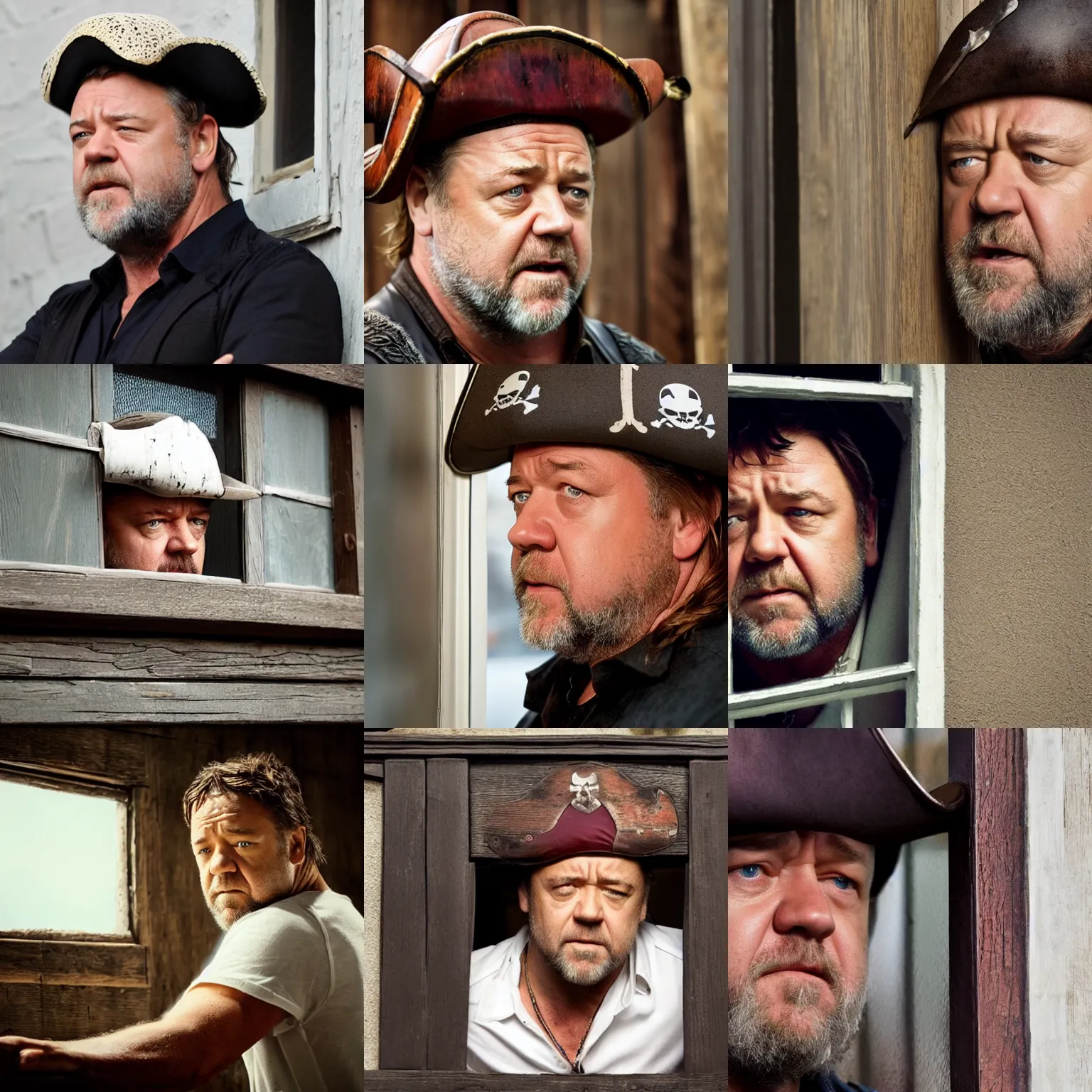 Prompt: concerned russell crowe with pirate hat peering out from a small window, wooden wall