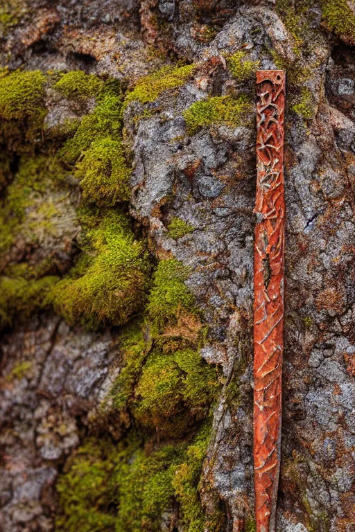 Image similar to a portrait of a rusty sword protruding from a rock, rust and corrosion, moss and vegetation, ancient forest, excalibur, close - up, intricate details, intricately detailed textures, warm lighting, vivid colors, smoke and mist, hyper realistic octane render, volumetric shading, depth of field, raytracing, 8 k,