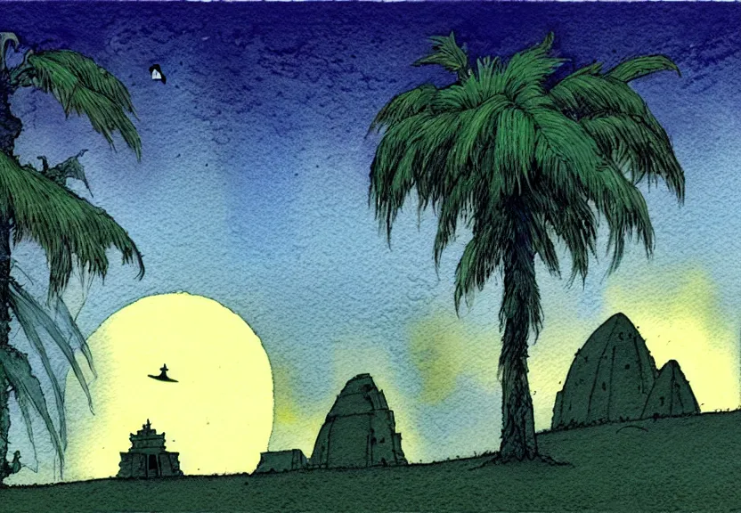 Image similar to a simple watercolor fantasy concept art of a dark grey boxy ufo next to a palm tree at night in machu pichu. by studio ghibli, rebecca guay, michael kaluta, charles vess