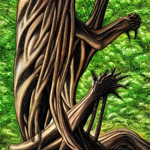 Image similar to tranquil, lines by emek golan macro photo. a art installation of a large, looming creature with a long, snake body. many large, sharp teeth, & eyes glow. wrapped around a large tree, bent under the weight. small figure in foreground, a sword, dwarfed by the size of the creature.