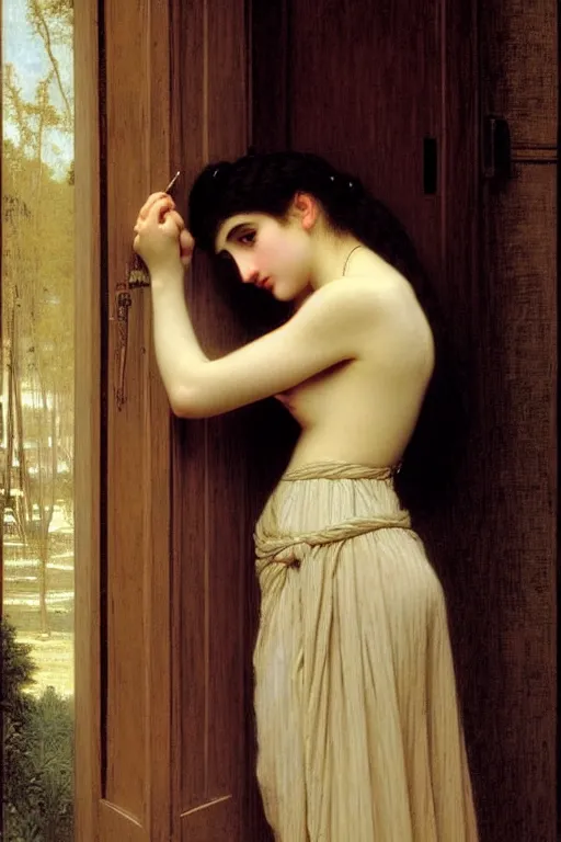 Prompt: girl under moonlight by auguste toulmouche and bouguereau, dark lighting, perfectly detailed eyes, beautiful hands, pale skin, blonde hair, leaning on door, dreamy mood to the painting