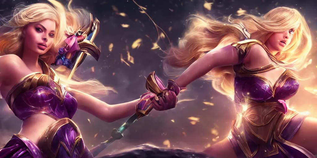 Prompt: hyper realistic action shots of Lux (League of Legends) played by Margot Robbie, using a magical staff, multiple angles. 4k, IMAX, sigma, cinematic, lute