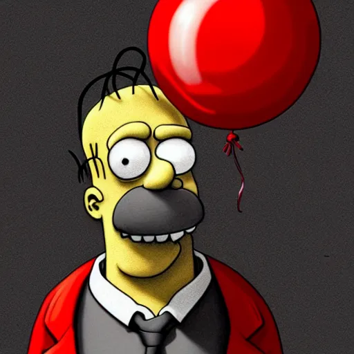 Image similar to surrealism grunge cartoon portrait sketch of homer simpson with a wide smile and a red balloon by - michael karcz, loony toons style, corpse bride style, horror theme, detailed, elegant, intricate