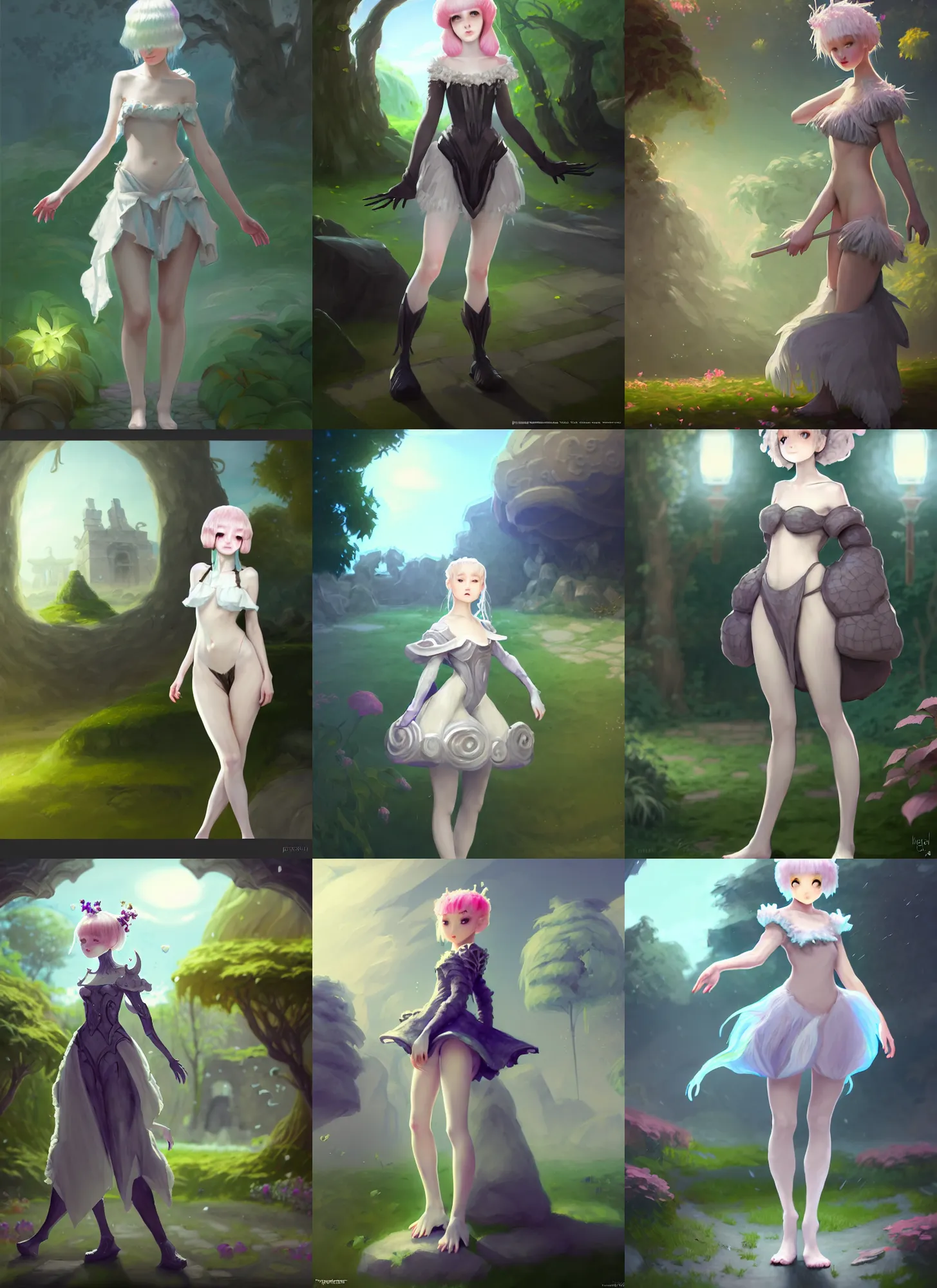 Prompt: photoshop brushes test, costume design from ice golem designers, artist reference pictures pose, sophisticated composition, old masters light composition, procedurally generated, epic kawaii human girl character posing for concept art, ancient garden behind her, substance designer, PBR, HD, Ultra detailed, hyperrealistic, megascans, volumetric light, concept by master artist, made in paint tool SAI2, trending pixiv face