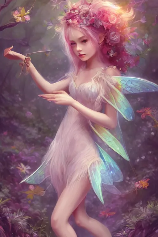 Image similar to a cute and geogerous fairy in the dreamy forest, fantasy, dreamlike, 8 k resolution, hyper detailed, d & d, character design, digital painting, trending on artstation, sharp focus, illustration, art by viktoria gavrilenko, hoang lap, fuji choko, steve zheng,