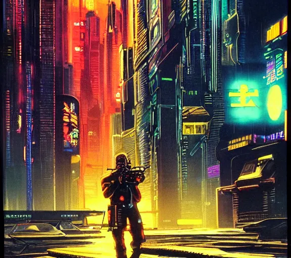 Image similar to a portrait of a cyberpunk epic Friday night firefight, Night City, cyberpunk 2077, very very coherent painting, 1979 OMNI Magazine Cover, street level neo-Tokyo in Cyberpunk 2045 style by Vincent Di Fate by mark arian by artgerm in the style of ((Gustave Dore)), 4k, 8k, HD, trending on artstation