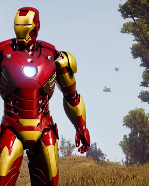 Image similar to robust and bulky iron man suit in red dead redemption 2, cinematic, photorealistic