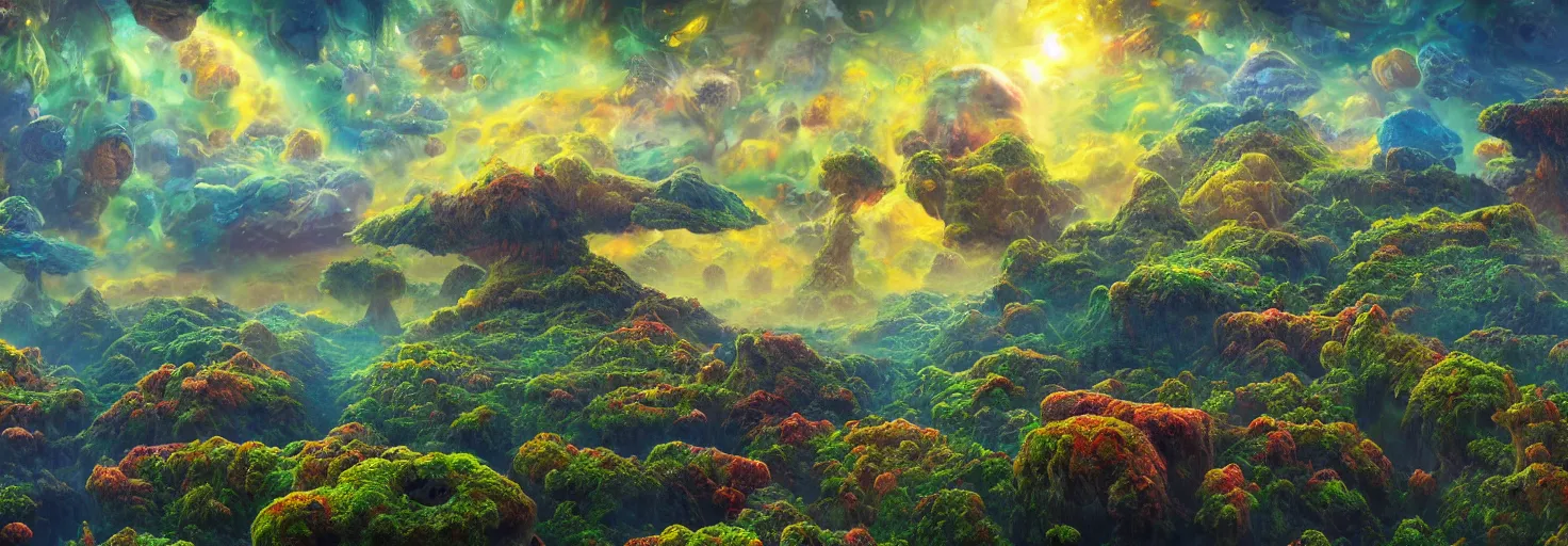 Prompt: a view of a surreal alien variated planetary fractal landscapes with gigantic and small fungus and variations of exotic flora of varying vibrant colors and sizes scattered across the vast landscapes, surreal clouds, floating islands, 4 k, retro, detailed, beautiful view, vibrant, weird skies, extradimensional, trending on artstation