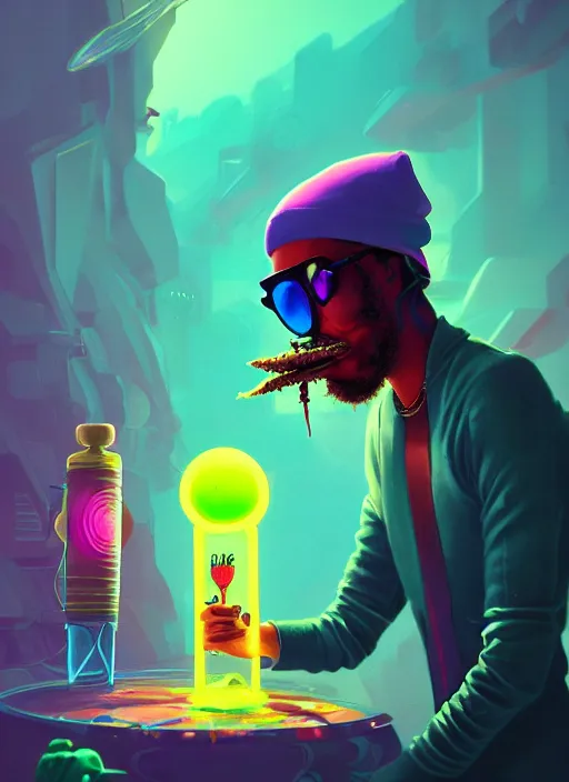 Prompt: hipster swag alien wizard rasta smokes dank weed from robot bong afrofuturism synthwave matte painting concept art, beautifully backlit, swirly vibrant color lines, vivid tones, cinematic aesthetic octane render, 8 k hd resolution, by rhads, james jean, ross tran and artgerm