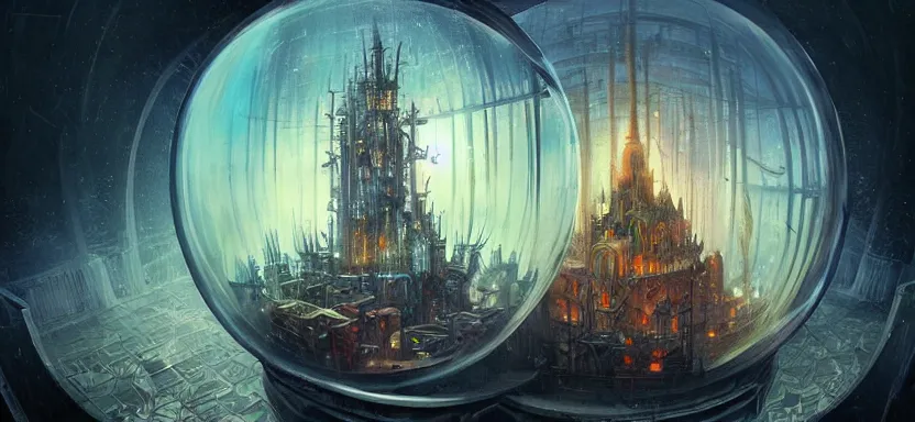 Prompt: beautiful masterpiece painting of a dystopian city trapped inside a snow globe, grunge cyberpunk, by Remedios Varo and Anato Finnstark and Greg Rutkowski, artgerm, 8k,