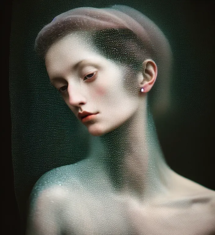 Prompt: cinestill 5 0 d photo portrait of a beautiful hybrid woman in style of roberto ferri by paolo roversi, translucent basalt body intricate detailed, intricate sparkling dark basalt ornamental hair, 1 5 0 mm lens, f 1. 4, sharp focus, ethereal, emotionally evoking, head in focus, radiant volumetric lighting, matt colors outdoor