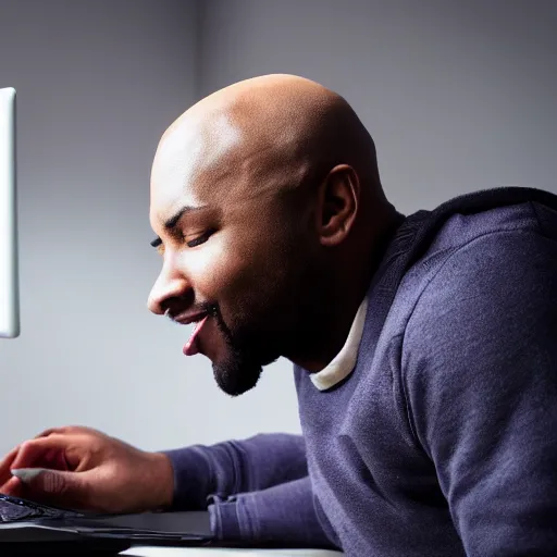 Image similar to bald black man crying while playing on pc