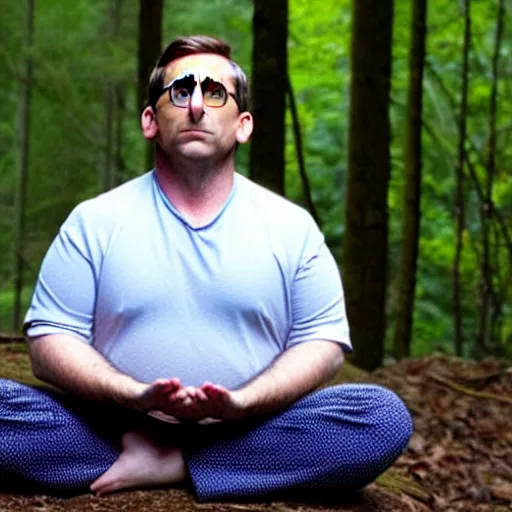 Prompt: chubby Steve Carell meditate in the Forest